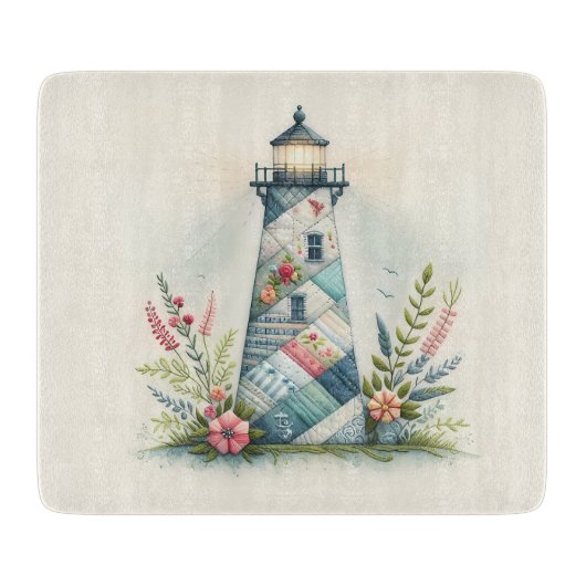 Patchwork Lighthouse Coastal Floral Scene カッティングボード (正面)