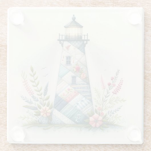 Patchwork Lighthouse Coastal Floral Scene ガラスコースター (裏面)