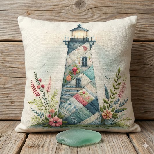 Patchwork Lighthouse Coastal Floral Scene クッション