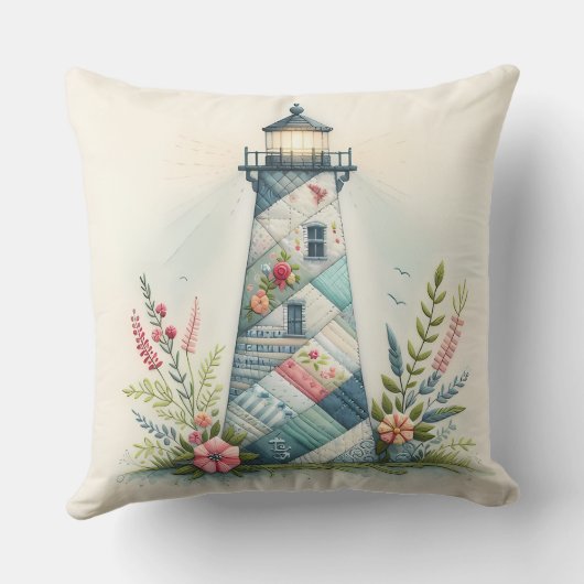 Patchwork Lighthouse Coastal Floral Scene クッション (裏面)