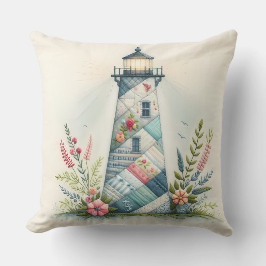 Patchwork Lighthouse Coastal Floral Scene クッション (正面)