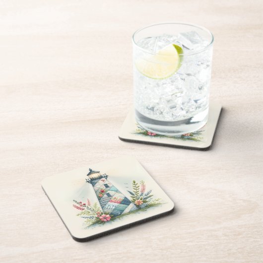 Patchwork Lighthouse Coastal Floral Scene コースター (右側)