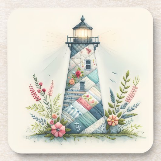 Patchwork Lighthouse Coastal Floral Scene コースター (正面)