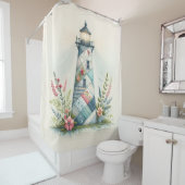 Patchwork Lighthouse Coastal Floral Scene シャワーカーテン (インサイチュ)