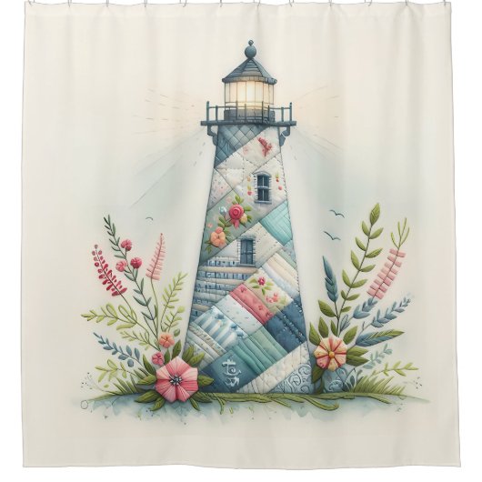 Patchwork Lighthouse Coastal Floral Scene シャワーカーテン (正面)