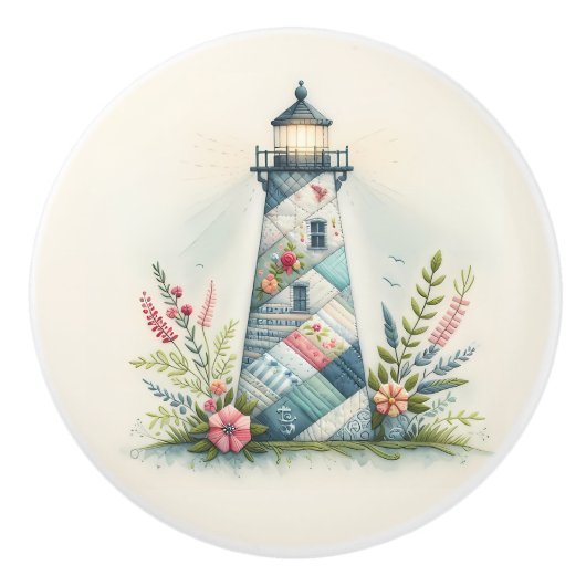 Patchwork Lighthouse Coastal Floral Scene セラミックノブ (正面)