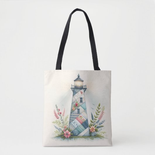 Patchwork Lighthouse Coastal Floral Scene トートバッグ (正面)
