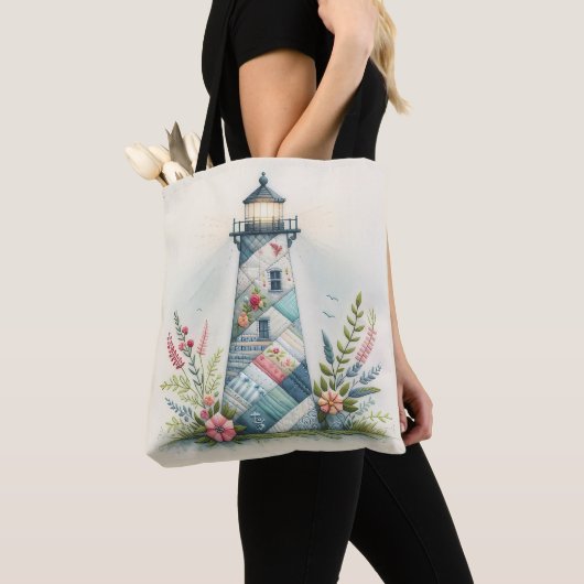 Patchwork Lighthouse Coastal Floral Scene トートバッグ (クローズアップ)