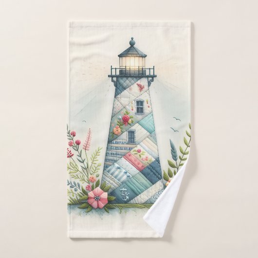 Patchwork Lighthouse Coastal Floral Scene バスタオルセット (ハンドタオル)