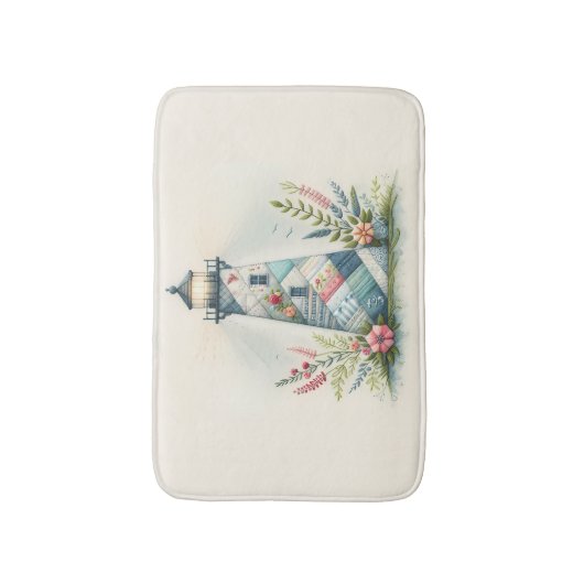Patchwork Lighthouse Coastal Floral Scene バスマット (正面縦)