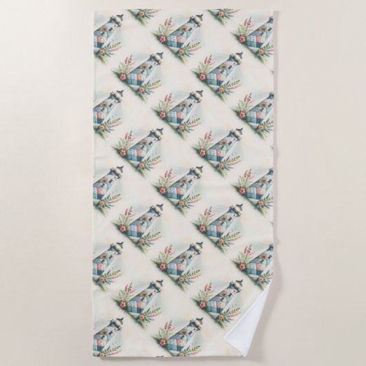 Patchwork Lighthouse Coastal Floral Scene ビーチタオル (正面)