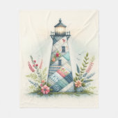 Patchwork Lighthouse Coastal Floral Scene フリースブランケット (正面)