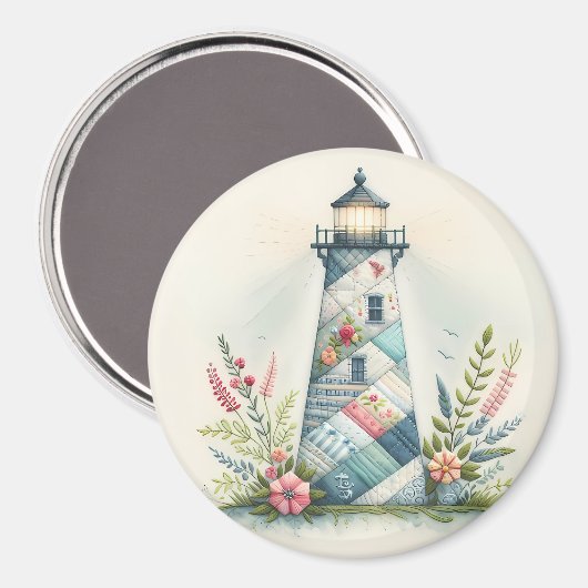 Patchwork Lighthouse Coastal Floral Scene マグネット (正面/裏面)