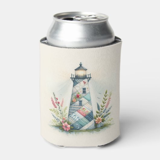 Patchwork Lighthouse Coastal Floral Scene 缶クーラー (缶正面)
