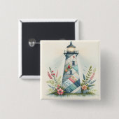 Patchwork Lighthouse Coastal Floral Scene 缶バッジ (正面&裏面)