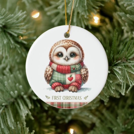 Patchwork Owl First Christmas Keepsake Photo セラミックオーナメント (ツリー)