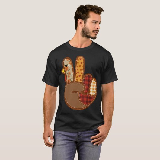Patchwork Peace Sign Turkey Hand Thanksgiving Fall Tシャツ (正面フル)