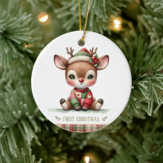 Patchwork Reindeer First Christmas Keepsake Photo セラミックオーナメント (ツリー)