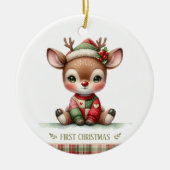 Patchwork Reindeer First Christmas Keepsake Photo セラミックオーナメント (正面)