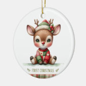 Patchwork Reindeer First Christmas Keepsake Photo セラミックオーナメント (左)