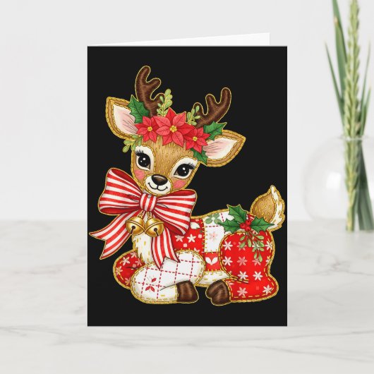 Patchwork Reindeer Preppy Girly Christmas Xmas Hol カード (正面)