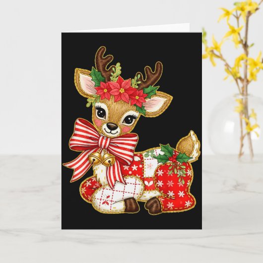 Patchwork Reindeer Preppy Girly Christmas Xmas Hol カード (黄色い花)