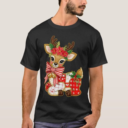 Patchwork Reindeer Preppy Girly Christmas Xmas Hol Tシャツ (正面)