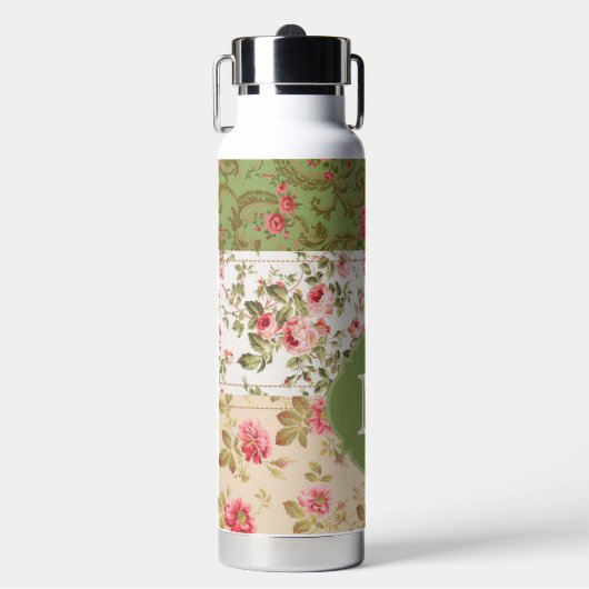 Patchwork Rose Custom Monogram ウォーターボトル (正面)