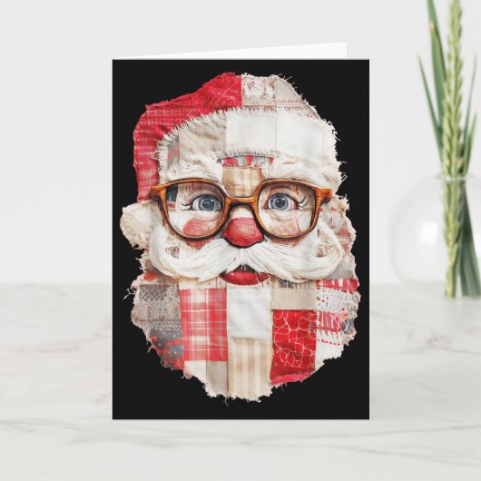Patchwork Santa Claus Face Preppy Girly Christmas カード (正面)