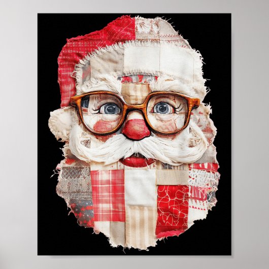 Patchwork Santa Claus Face Preppy Girly Christmas ポスター (正面)