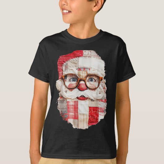 Patchwork Santa Claus Face Preppy Girly Christmas  Tシャツ (正面)