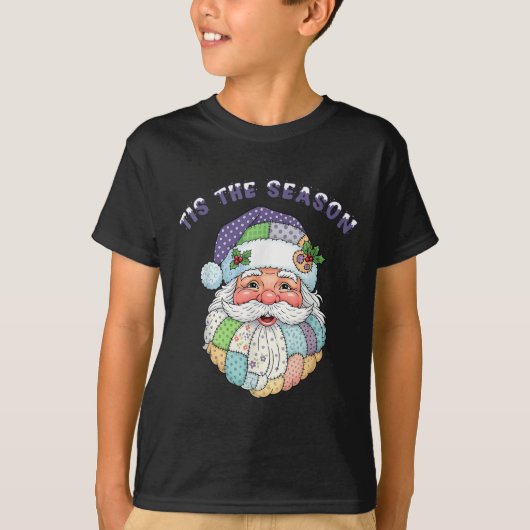 Patchwork Santa Claus Face Preppy Girly Christmas Tシャツ (正面)