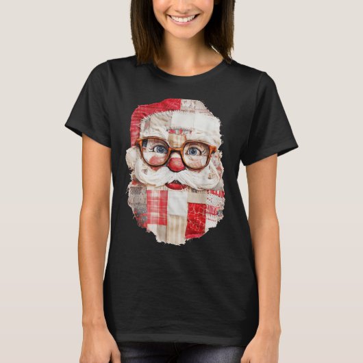 Patchwork Santa Claus Face Preppy Girly Christmas Tシャツ (正面)