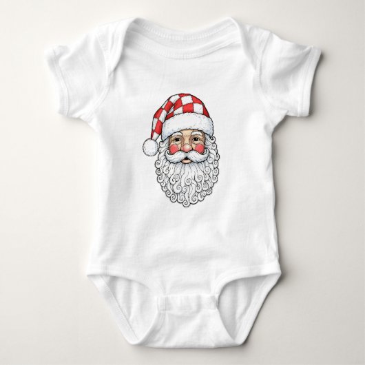 Patchwork Santa Face Doodle Art Pen and Ink Style ベビーボディスーツ (正面)