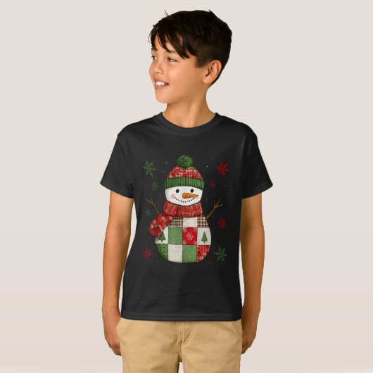 Patchwork Snowman Retro Funny Christmas Snowman Ho Tシャツ (正面フル)
