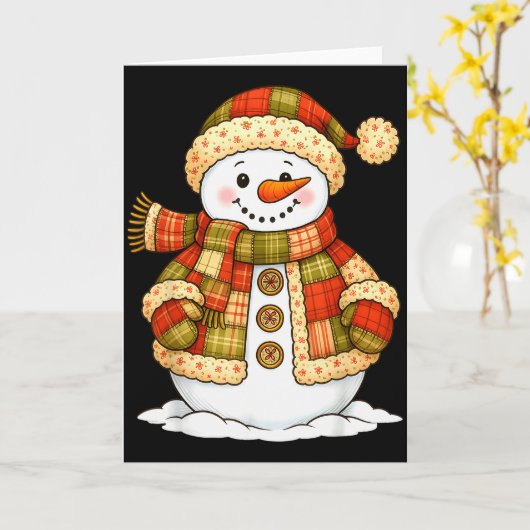 Patchwork Snowman Retro Funny Snowman Holiday Chri カード (黄色い花)