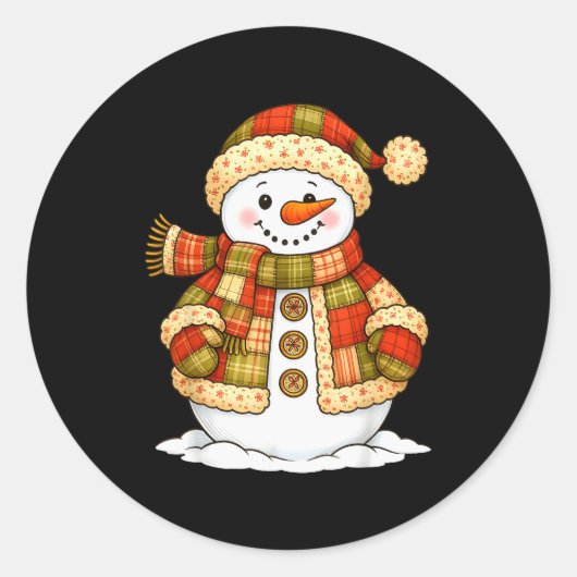 Patchwork Snowman Retro Funny Snowman Holiday Chri ラウンドシール (正面)