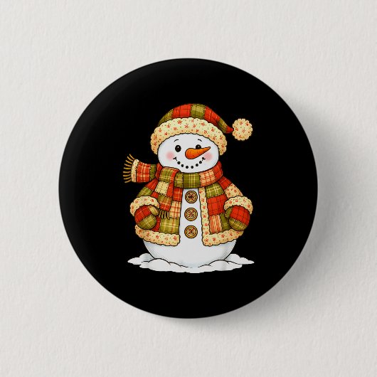 Patchwork Snowman Retro Funny Snowman Holiday Chri 缶バッジ (正面)