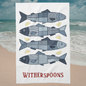 Patchwork Style Sardines Coastal Beach Theme キッチンタオル