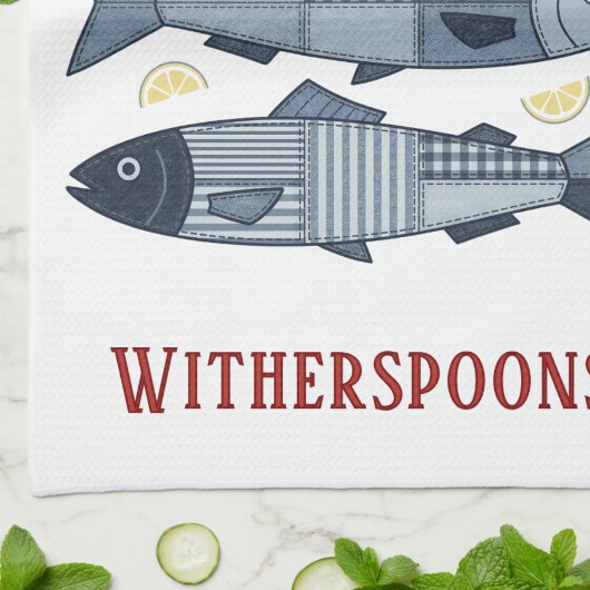 Patchwork Style Sardines Coastal Beach Theme キッチンタオル