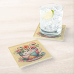 Patchwork Teacup with Whimsical Flowers ガラスコースター<br><div class="desc">A charming fusion of cozy cottagecore and nostalgic patchwork, this design features a teacup bursting with whimsical florals in soft, pastel hues. Each panel of the teacup is adorned with vintage-inspired fabric patterns—plaids, florals, and polka dots—stitched together with visible seams for a handmade, quilt-like look. The surrounding flowers bloom in...</div>