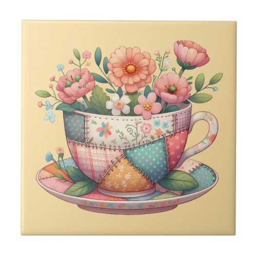 Patchwork Teacup with Whimsical Flowers タイル (正面)