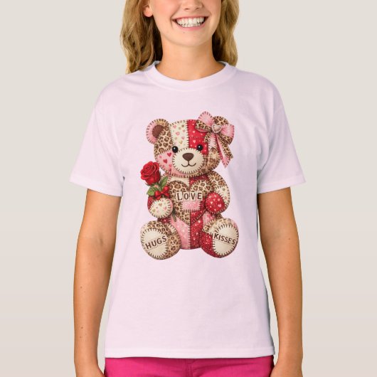 Patchwork Teddy Bear Valentine — Quilted Leopard  Tシャツ (正面)