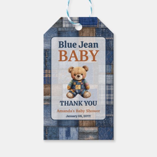 Patchwork Western Denim Bear Blue Jean Baby Shower ギフトタグ (正面)
