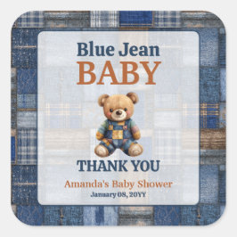 Patchwork Western Denim Bear Blue Jean Baby Shower スクエアシール