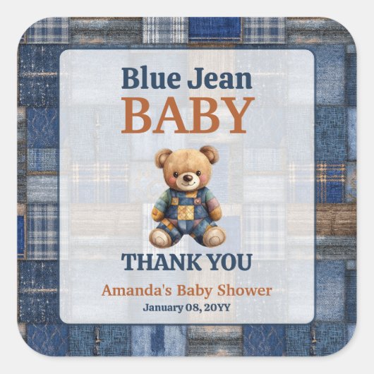 Patchwork Western Denim Bear Blue Jean Baby Shower スクエアシール (正面)