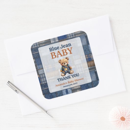 Patchwork Western Denim Bear Blue Jean Baby Shower スクエアシール (封筒)
