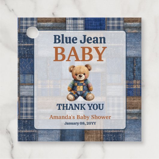 Patchwork Western Denim Bear Blue Jean Baby Shower フェイバータグ (正面)