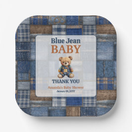 Patchwork Western Denim Bear Blue Jean Baby Shower ペーパープレート