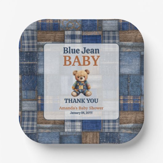 Patchwork Western Denim Bear Blue Jean Baby Shower ペーパープレート (正面)